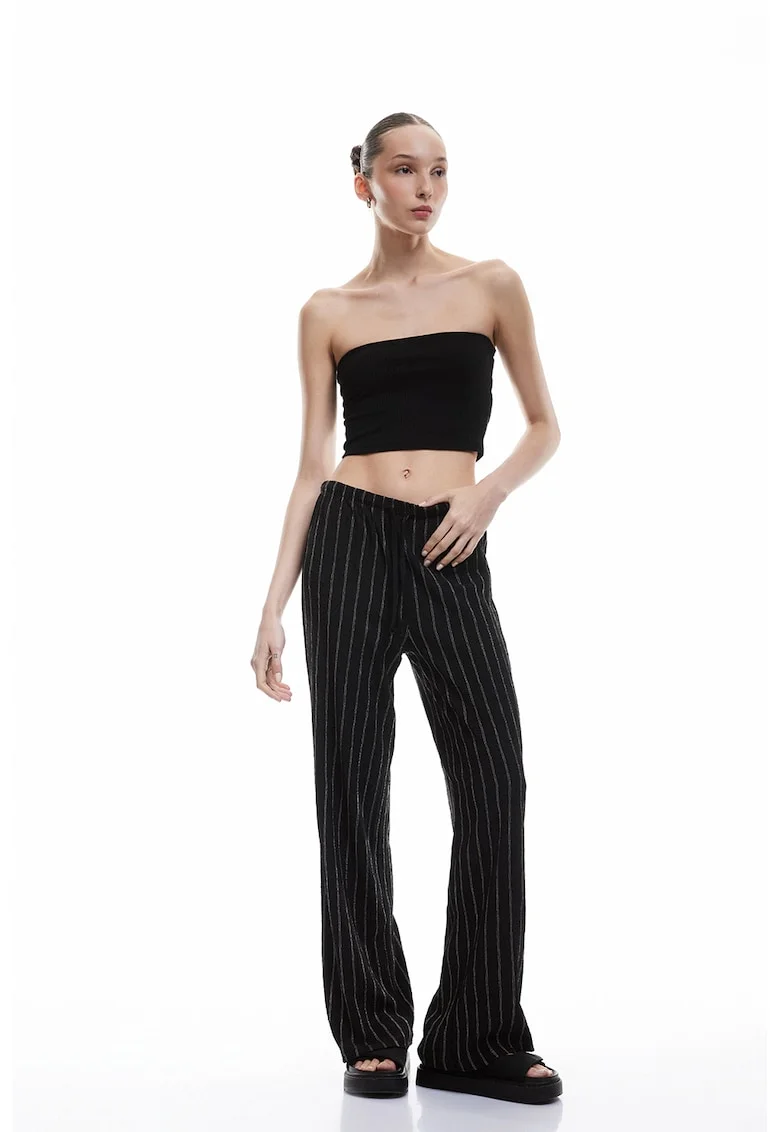 Pantaloni cu croiala ampla si model in dungi, Negru/Alb murdar
