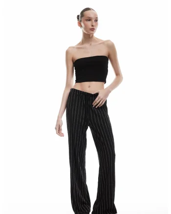 Pantaloni cu croiala ampla si model in dungi, Negru/Alb murdar