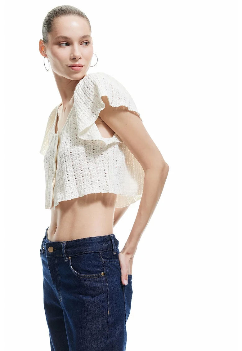 Bluza crop cu perforatii, Alb fildes
