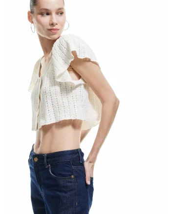 Bluza crop cu perforatii, Alb fildes