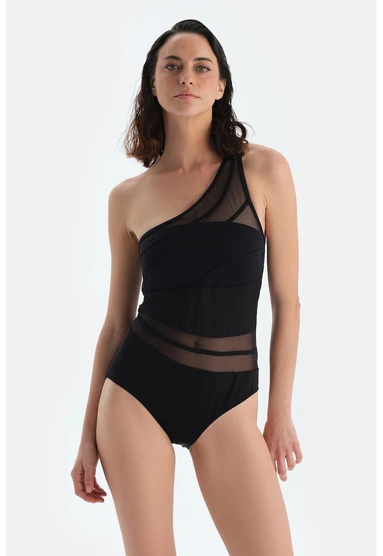 Costum de baie intreg cu segmente semitransparente, Negru