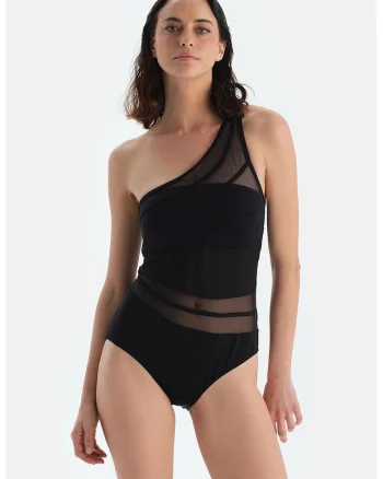 Costum de baie intreg cu segmente semitransparente, Negru