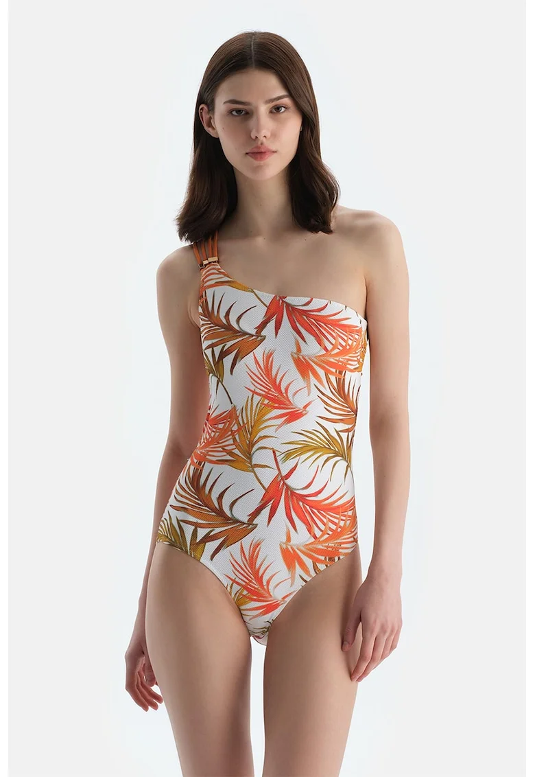 Costum de baie intreg cu bretele decorative, Alb/Portocaliu stins/Portocaliu mandarina