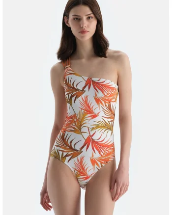 Costum de baie intreg cu bretele decorative, Alb/Portocaliu stins/Portocaliu mandarina
