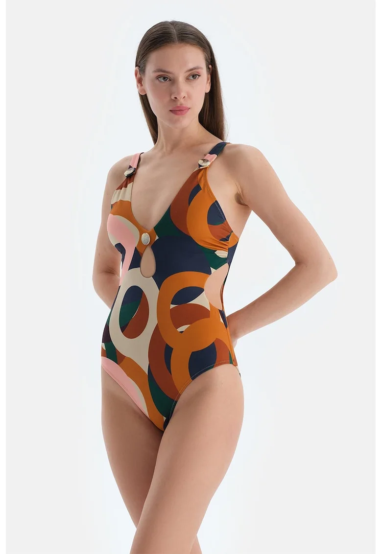 Costum de baie intreg cu model abstract, Portocaliu stins/Alb murdar/Bleumarin