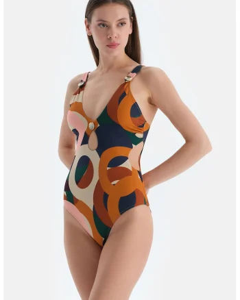 Costum de baie intreg cu model abstract, Portocaliu stins/Alb murdar/Bleumarin