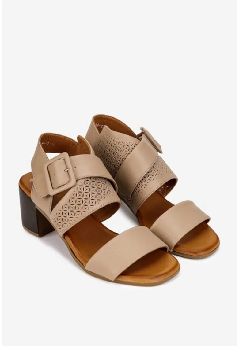 Sandale dama  taupe din piele cu model perforat