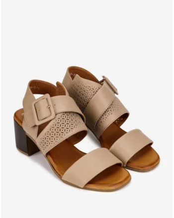 Sandale dama  taupe din piele cu model perforat