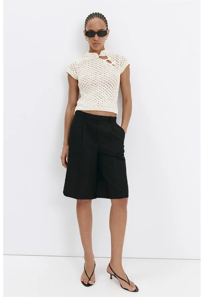Pulover crop din tricot cu perforatii, Alb murdar