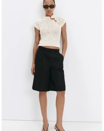 Pulover crop din tricot cu perforatii, Alb murdar