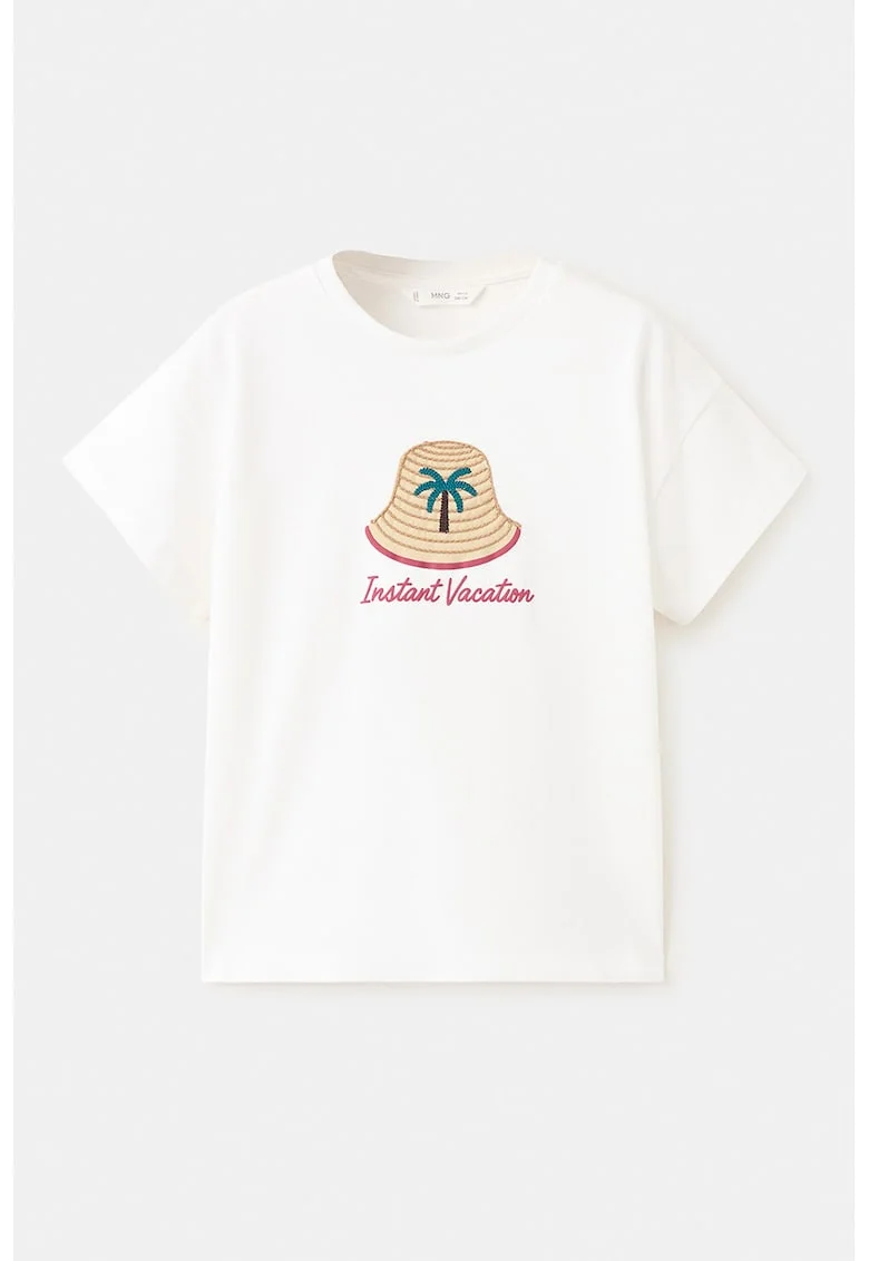 Tricou cu decolteu la baza gatului si broderie, Alb/Bej