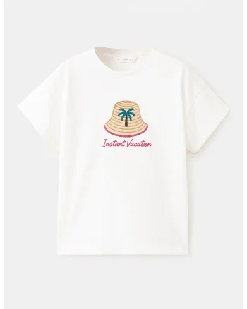 Tricou cu decolteu la baza gatului si broderie, Alb/Bej