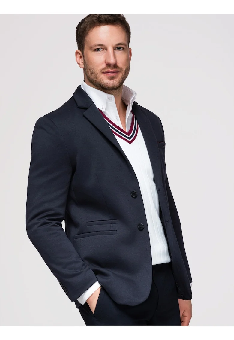 Sacou Barbati, Croiala Slim, Material Tricotat cu Bumbac, Bleumarin