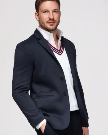 Sacou Barbati, Croiala Slim, Material Tricotat cu Bumbac, Bleumarin