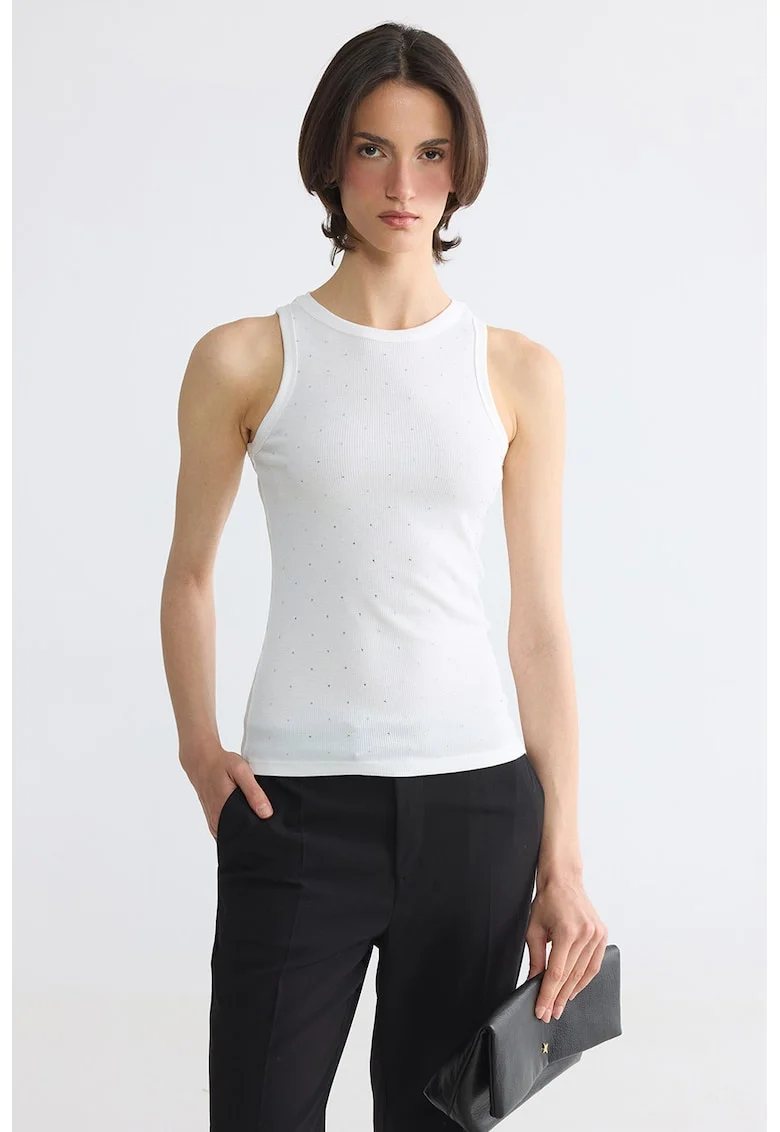 Top slim-fit cu aplicatii din strasuri, Alb/Argintiu
