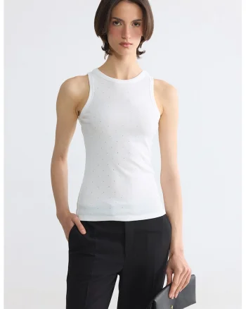 Top slim-fit cu aplicatii din strasuri, Alb/Argintiu