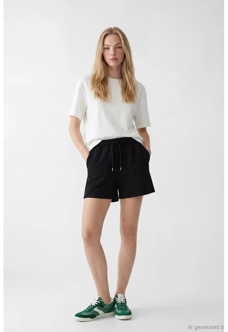 Pantaloni scurti de trening cu snur in talie, Negru stins