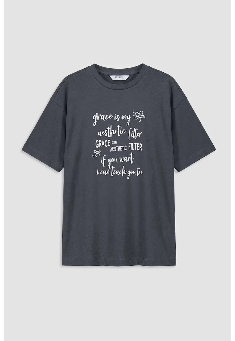 Tricou cu imprimeu text, Alb/Gri antracit