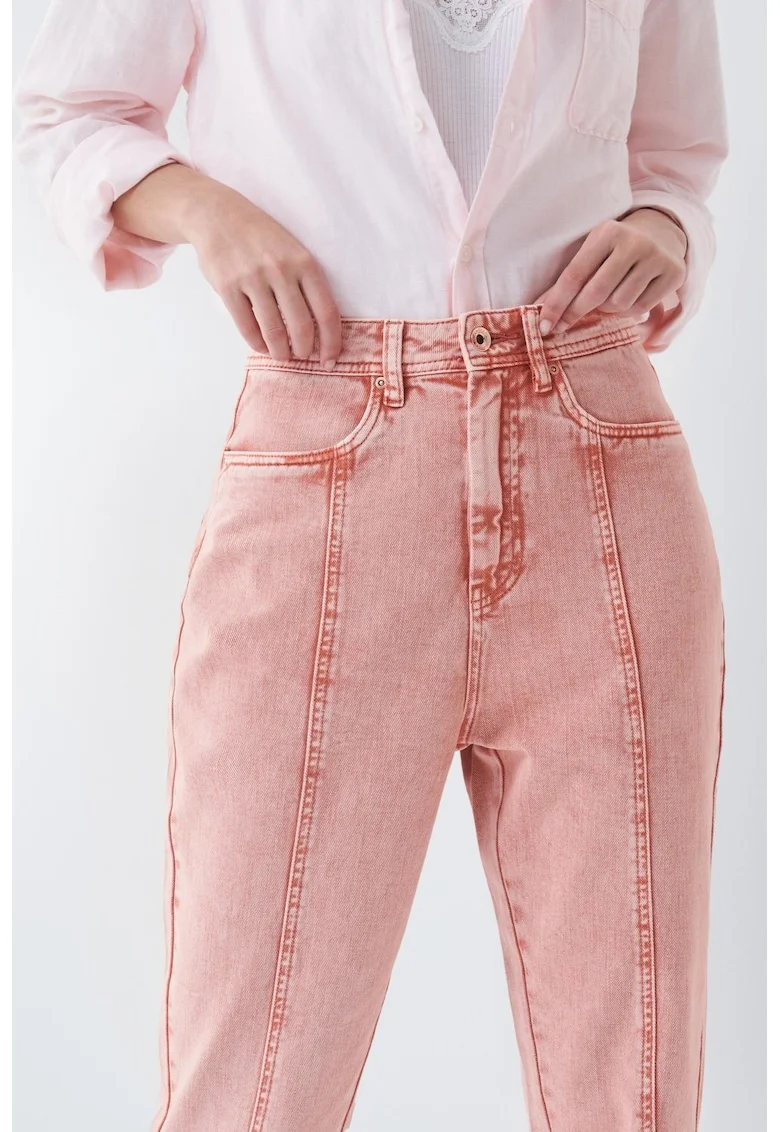 Blugi crop cu talie inalta si aspect uzat