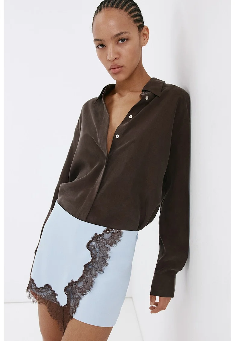 Fusta-pantalon scurta cu insertie din dantela, Maro/Albastru glaciar