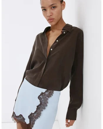 Fusta-pantalon scurta cu insertie din dantela, Maro/Albastru glaciar