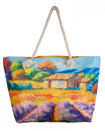 Geanta de plaja din material textil, cu imprimeu camp lavanda