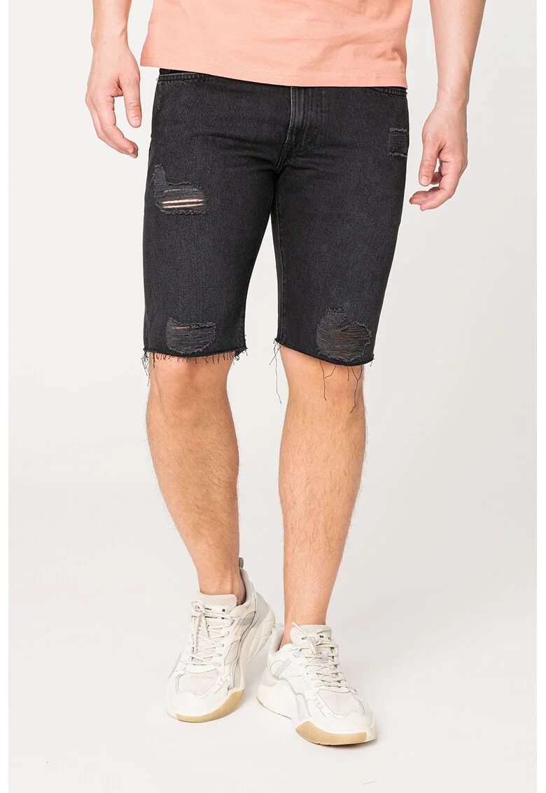 Bermude din denim cu detalii cu aspect deteriorat, Negru