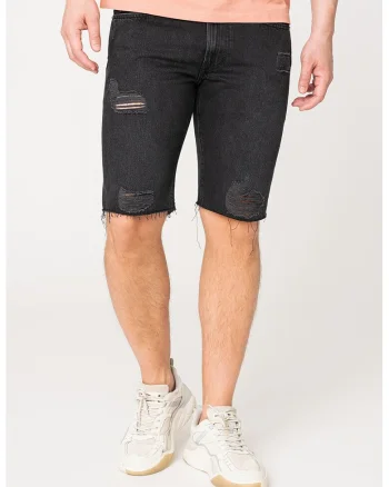 Bermude din denim cu detalii cu aspect deteriorat, Negru