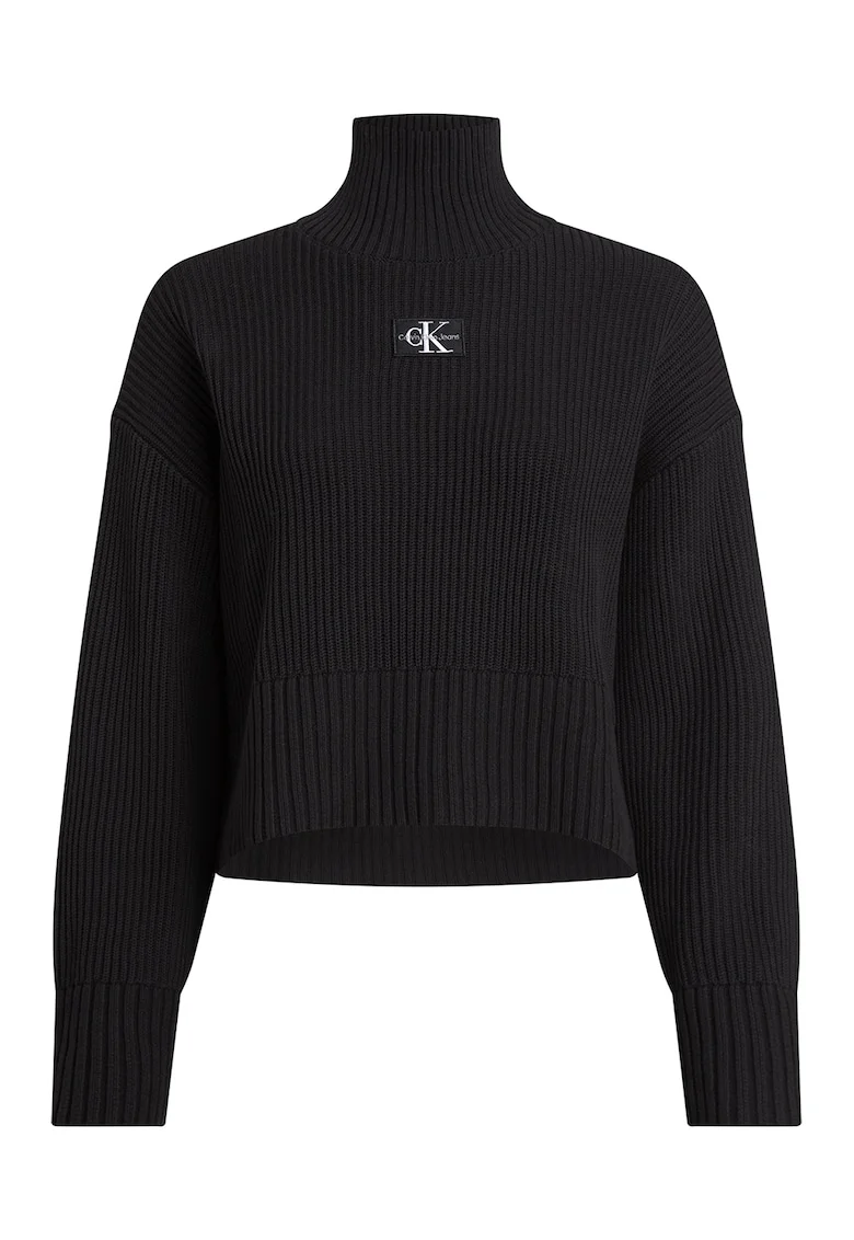 Pulover crop din tricot cu striatii, Negru