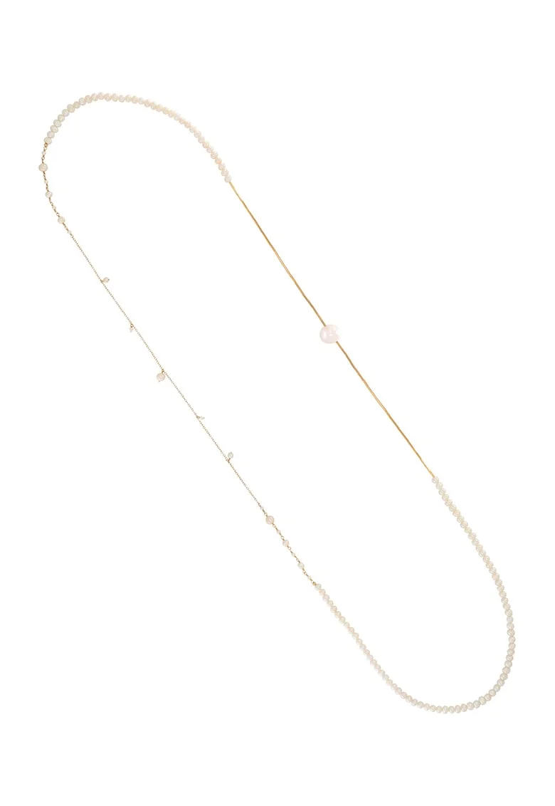 Colier lung din aur filat de 14K/20 cu perle de apa dulce, Alb/Auriu