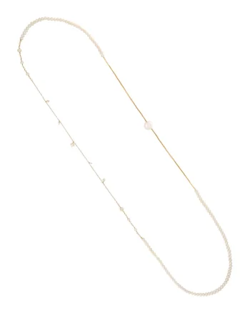 Colier lung din aur filat de 14K/20 cu perle de apa dulce, Alb/Auriu