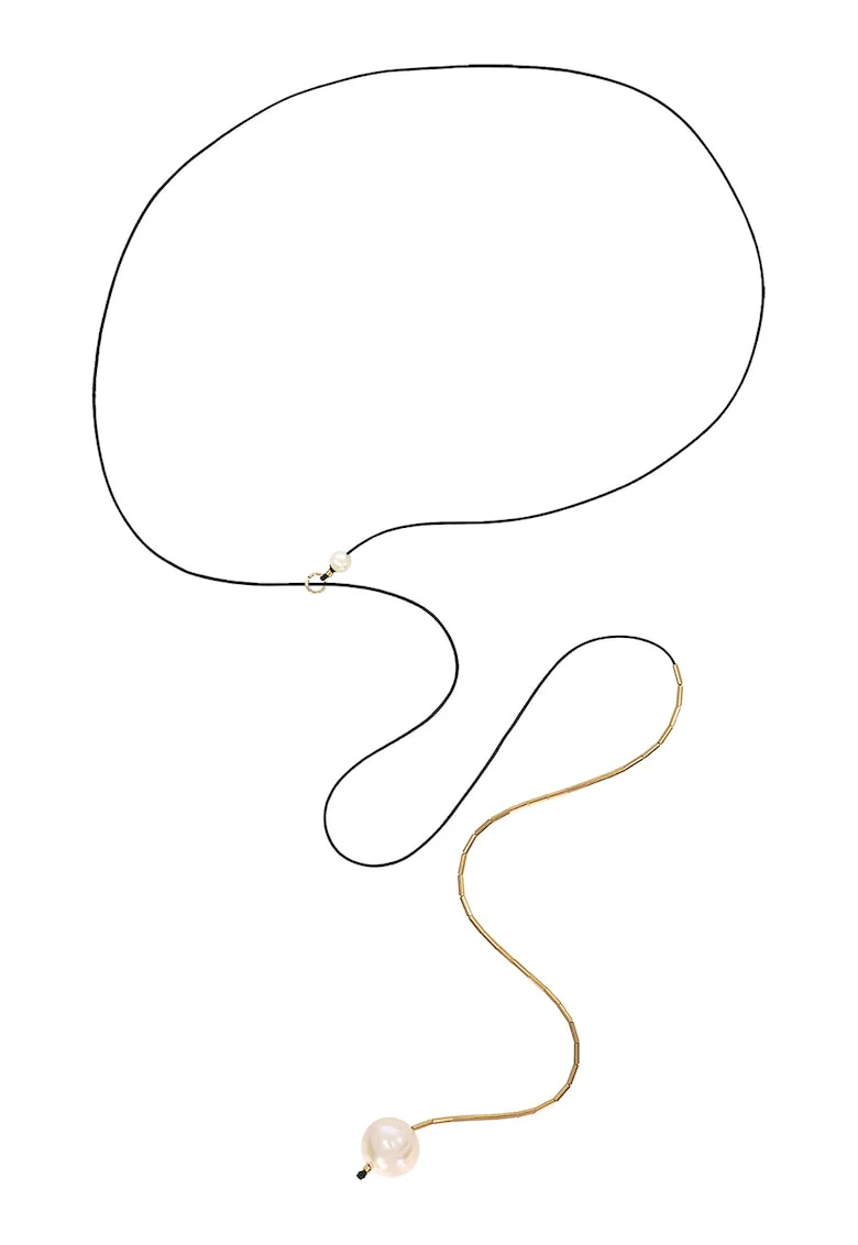 Colier lung din aur filat de 14K/20 si perle, Alb/Auriu/Negru