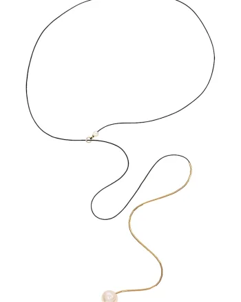 Colier lung din aur filat de 14K/20 si perle, Alb/Auriu/Negru