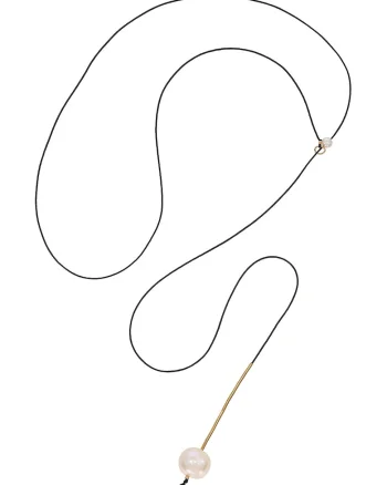 Colier lung din aur filat de 14K/20 si perle, Alb/Auriu/Negru