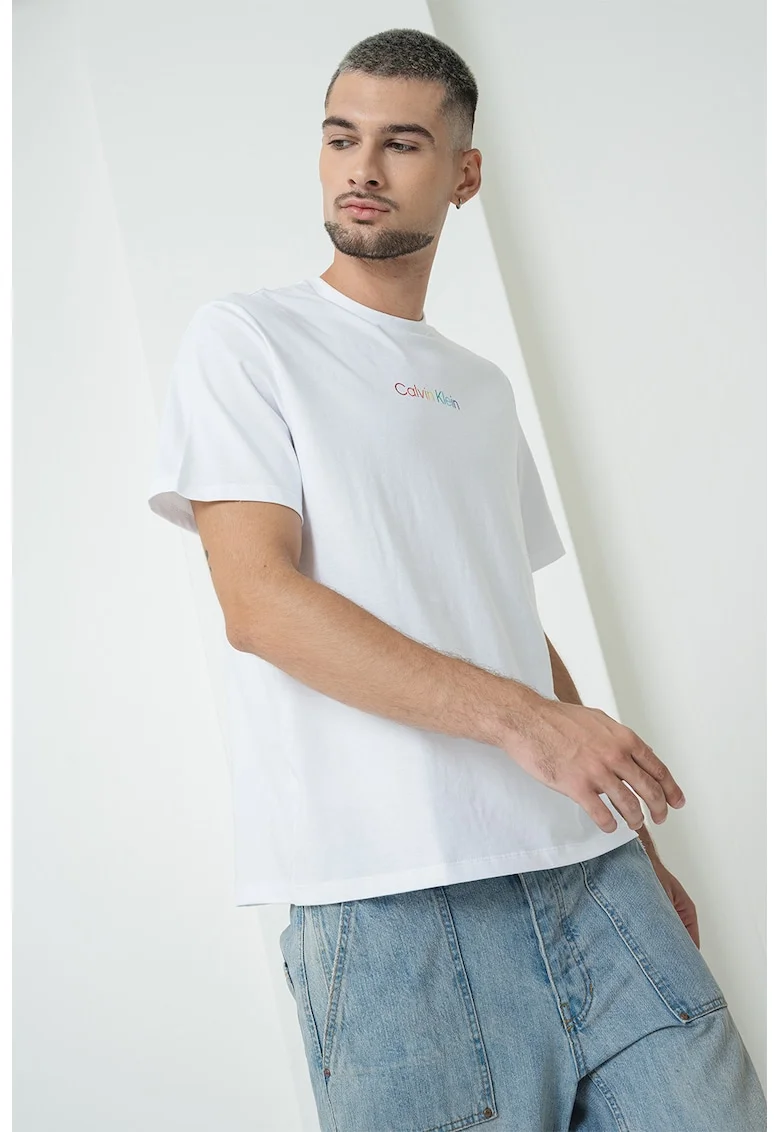 Tricou de bumbac cu imprimeu logo, Rosu/Alb optic/Albastru