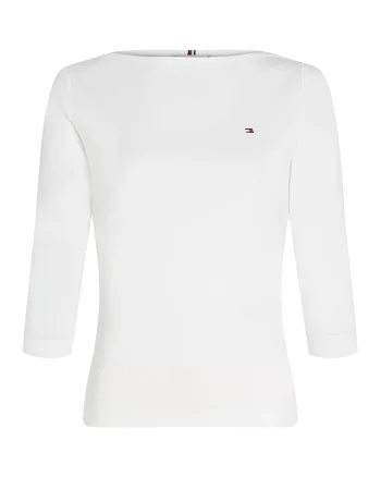 Bluza slim fit de bumbac cu maneci trei sferturi, Alb optic