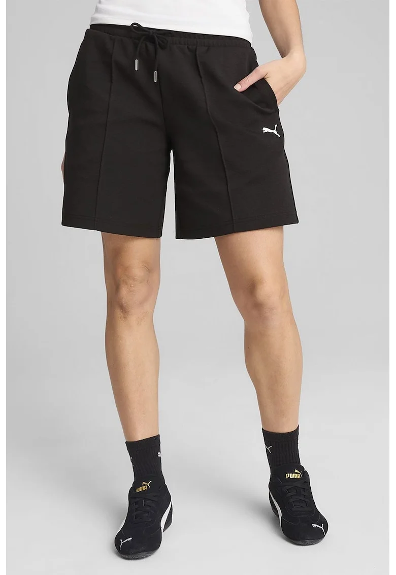 Pantaloni scurti cu talie inalta si logo, Negru