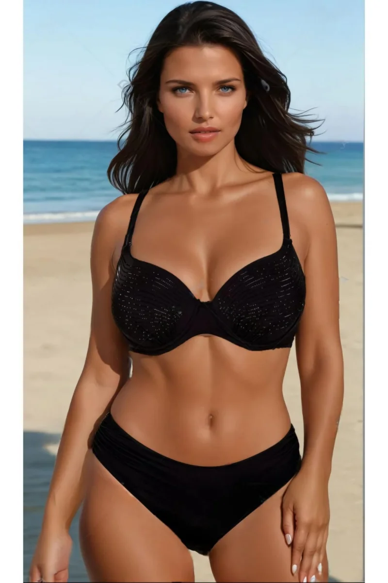 Set Costum Baie Doua piese dama cu aplicatii pe sutien, black Shine lm048
