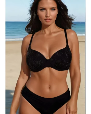 Set Costum Baie Doua piese dama cu aplicatii pe sutien, black Shine lm048