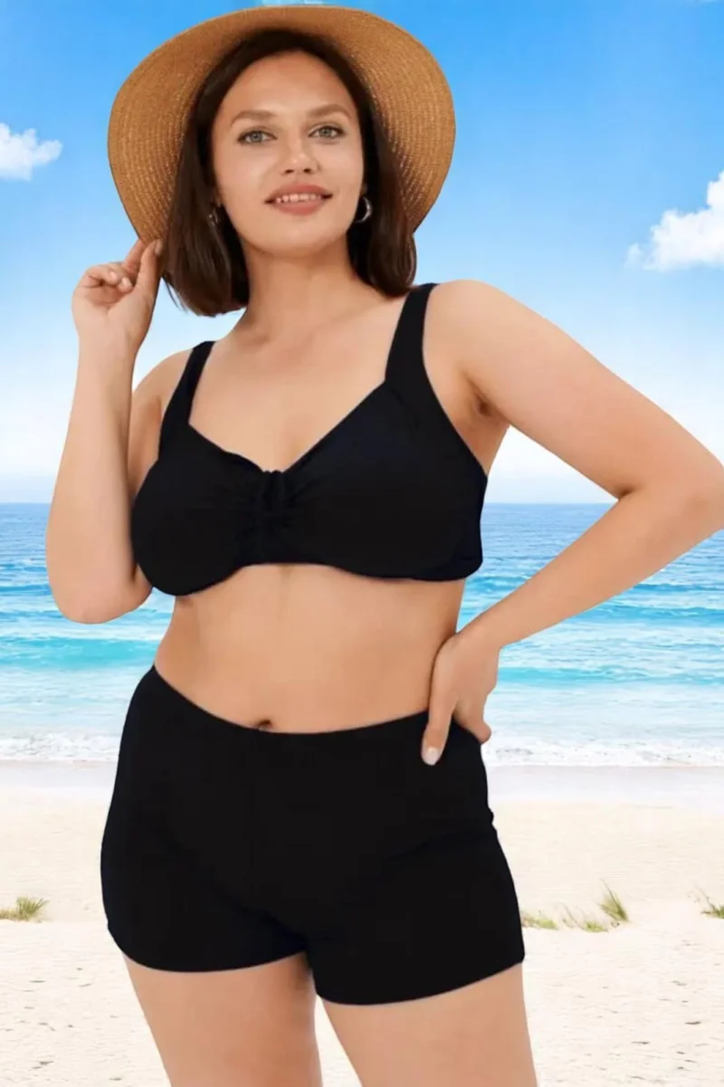 Costum baie dama 2 piese, marime mare, slipi tip pantaloni scurti, negru m5201