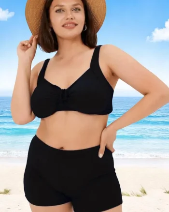Costum baie dama 2 piese, marime mare, slipi tip pantaloni scurti, negru m5201