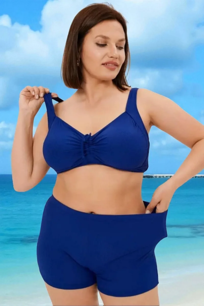 Costum baie dama 2 piese, marime mare, slipi tip pantaloni scurti, bleumarin 22098
