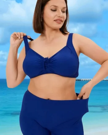 Costum baie dama 2 piese, marime mare, slipi tip pantaloni scurti, bleumarin 22098