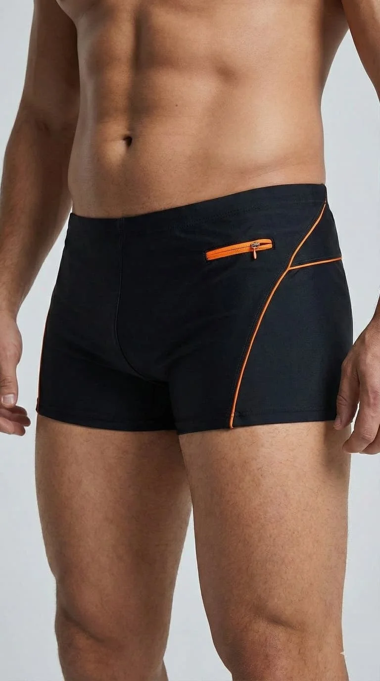 Slip de baie barbati tip boxeri, cu snur si buzunar cu fermoar negru portocaliu Q330