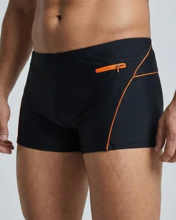 Slip de baie barbati tip boxeri, cu snur si buzunar cu fermoar negru portocaliu Q330