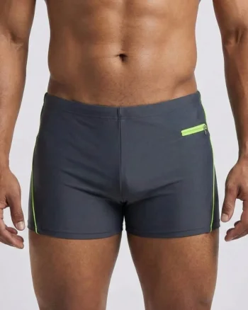 Slip de baie barbati tip boxeri, cu snur si buzunar cu fermoar gri neon Q330