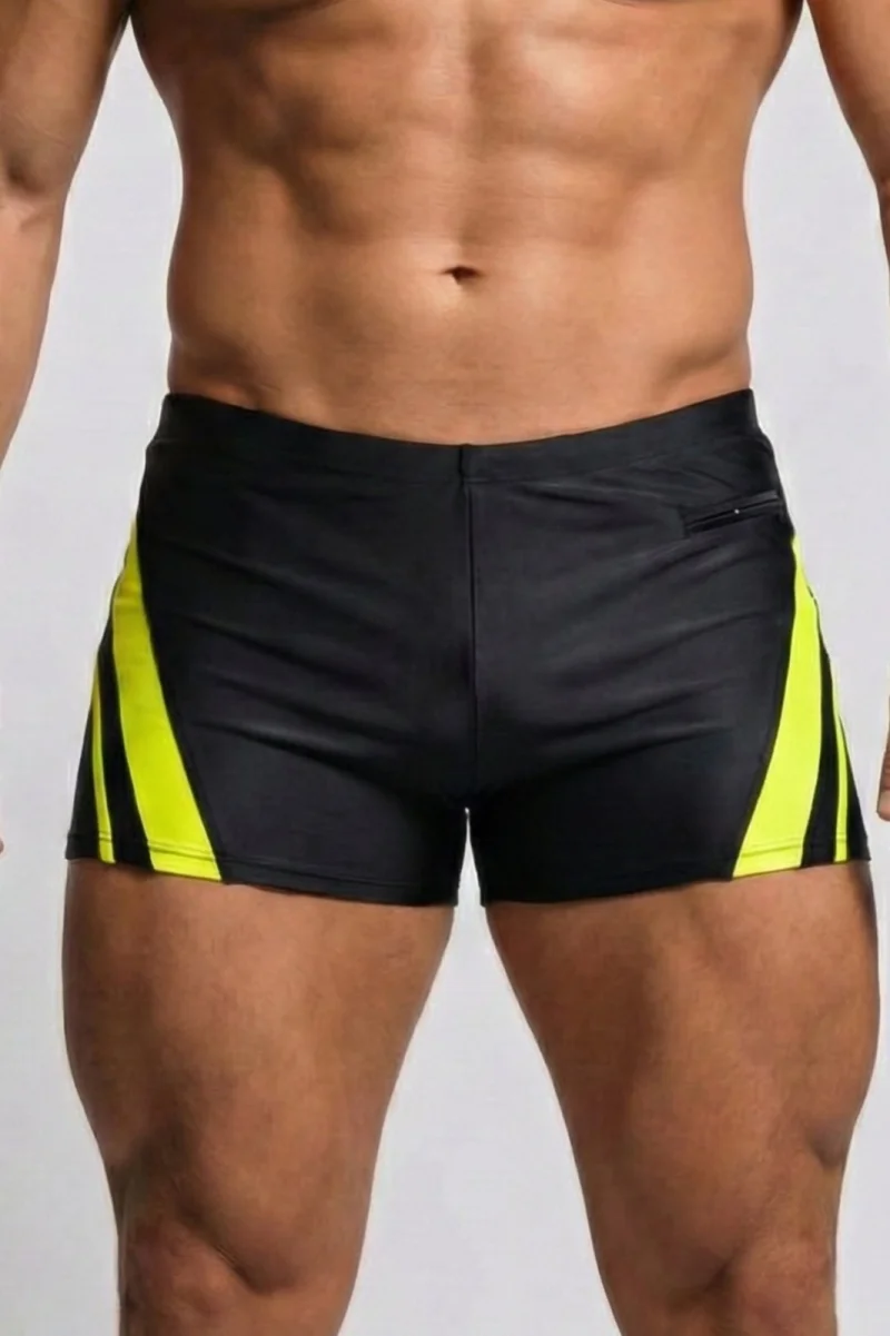 Slip de baie barbati tip boxeri, cu snur si buzunar cu fermoar negru neon Q329