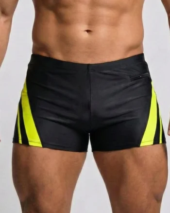 Slip de baie barbati tip boxeri, cu snur si buzunar cu fermoar negru neon Q329