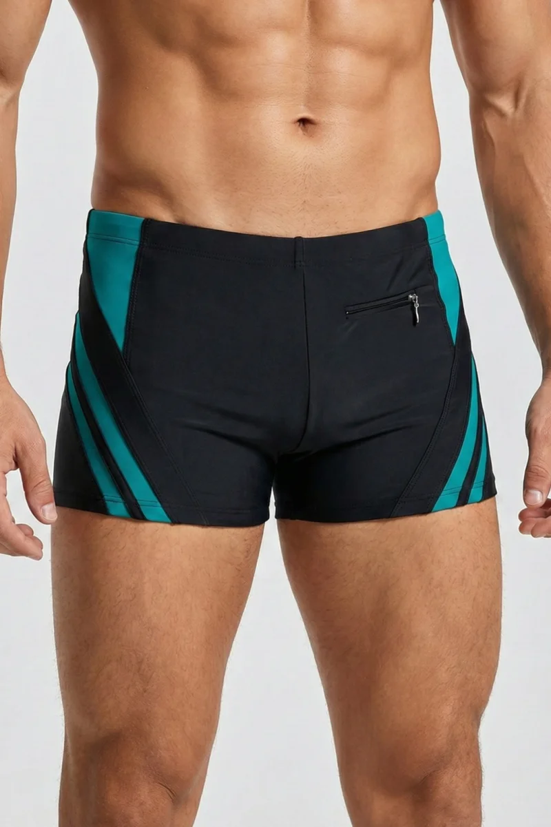 Slip de baie barbati tip boxeri, cu snur si buzunar cu fermoar negru verde Q328