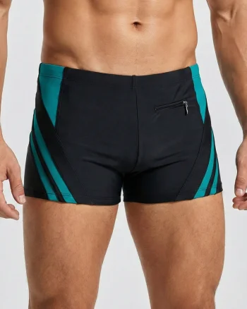 Slip de baie barbati tip boxeri, cu snur si buzunar cu fermoar negru verde Q328